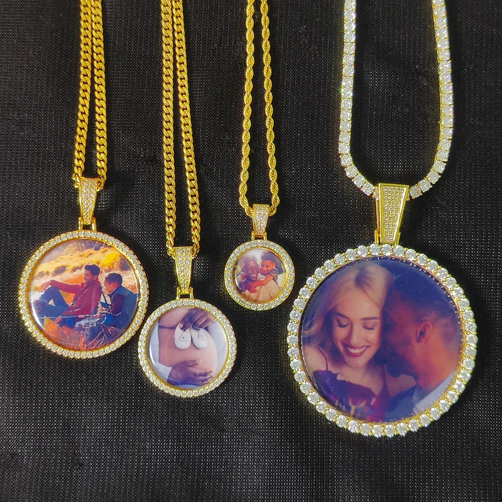 HHIOK Customized Necklaces Circle Chain Picture Personalized Diamond Memory Pendant with Photo Wing Design Gift for Men