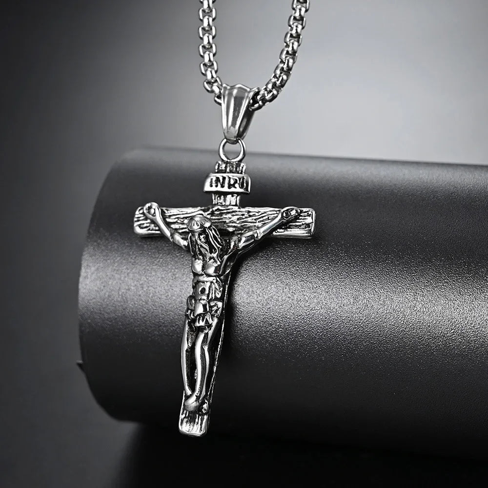 Vintage Stainless Steel Cross Jesus Necklace Pendant Men Women Religious Catholic Cross Necklace Chain Amulet Jewelry Gift