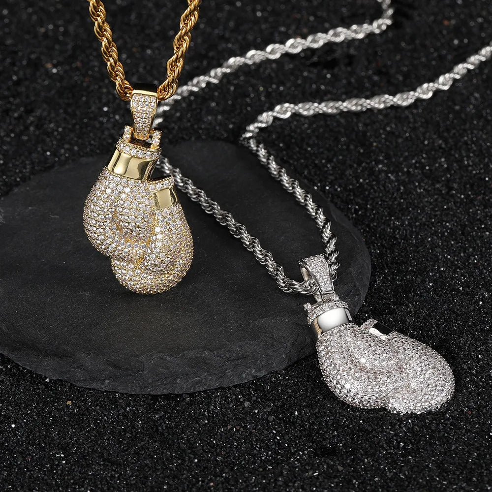 Hip Hop Crystal Boxing Gloves Portrait Necklace Pendant Charm Bling Iced Cubic Zircon Necklace Cool Men's Rock Biker Jewelry
