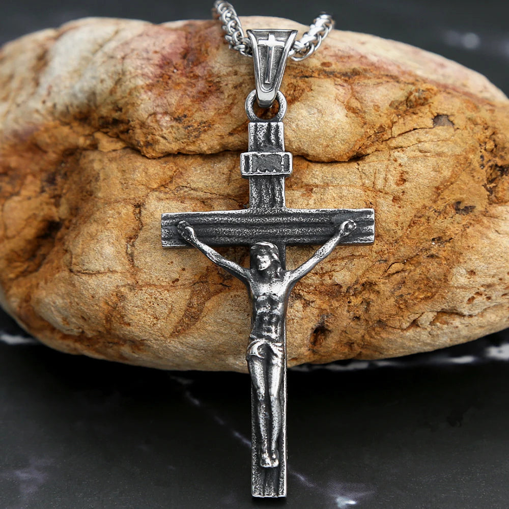 Vintage 316L Stainless Steel Jesus Cross Pendant Necklace Cross Orthodox Necklace Chain For Men Women Biker Amulet