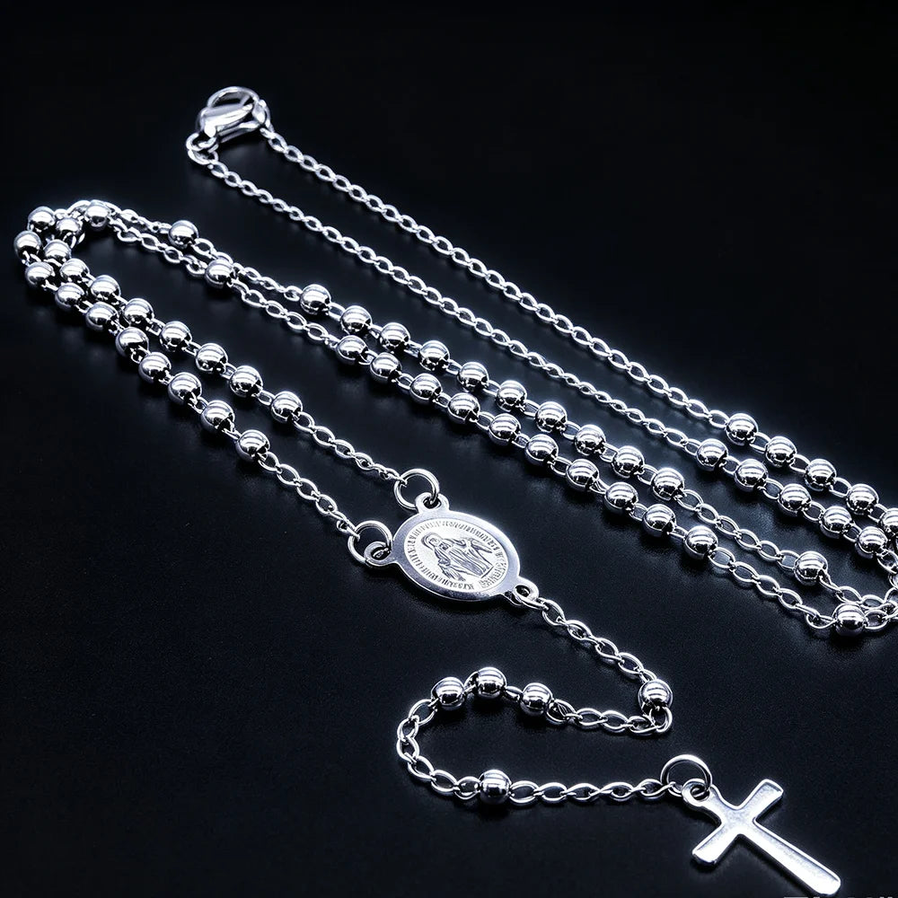 Fashion Vintage Cross Necklace Rosary Beads Chain Jesus Crucifix Virgin Mary Pendant Chain Jewelry Necklace