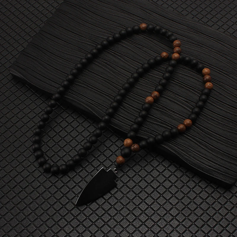 Wood Bead Arrow Pendant Necklace 8mm for Men — Black-Tone