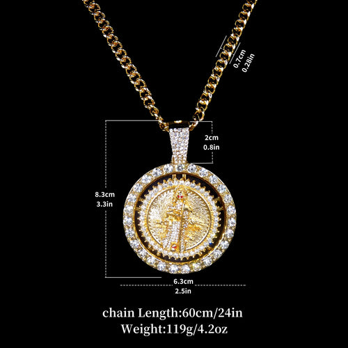 1 piece men's fashionable hip hop Santa Muerte set with sparkling rhinestones rotatable pendant decorative necklace