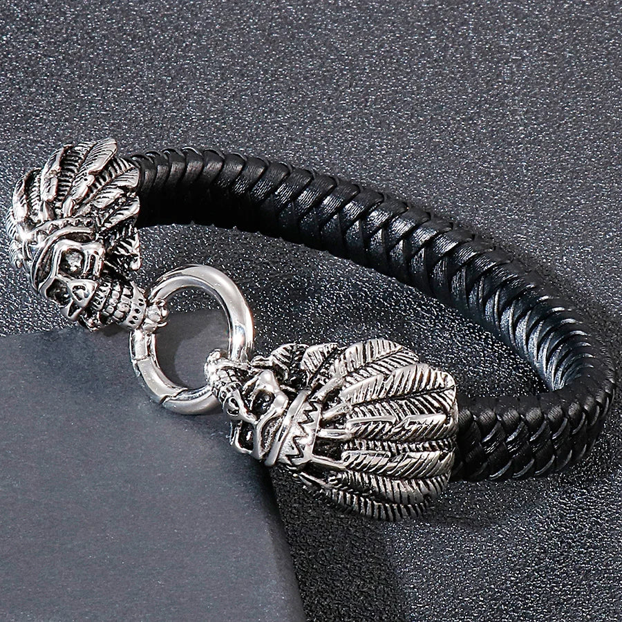 Gothic Punk Style Double Skull Head Bracelet for Men Retro Stainless Steel & Braided Leather Men's Bracelets Jewelry
