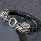 Gothic Punk Style Double Skull Head Bracelet for Men Retro Stainless Steel & Braided Leather Men's Bracelets Jewelry
