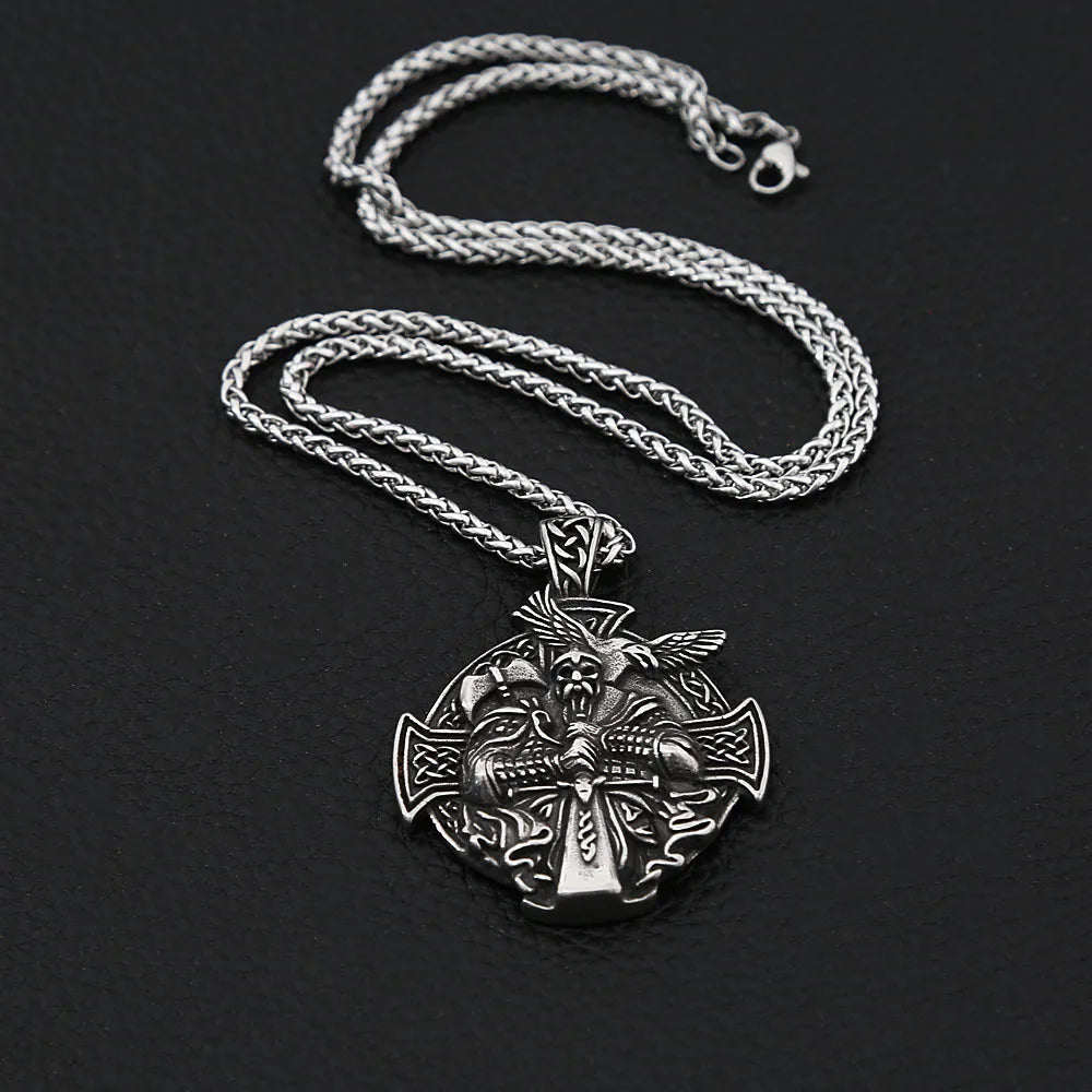 Vintage Viking Warrior Odin Necklace Men Nordic Stainless Steel Cross Trinity Pendant Necklace Gothic Skull Chain