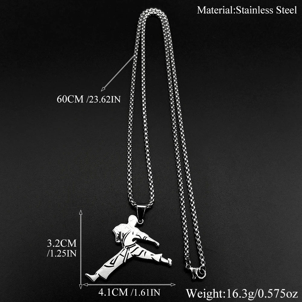 Karate Kick Man Pendant Necklace For Men Stainless Steel Martial Arts Kung Fu Charm Male Chain Jewelry Taekwondo Fighter Gift