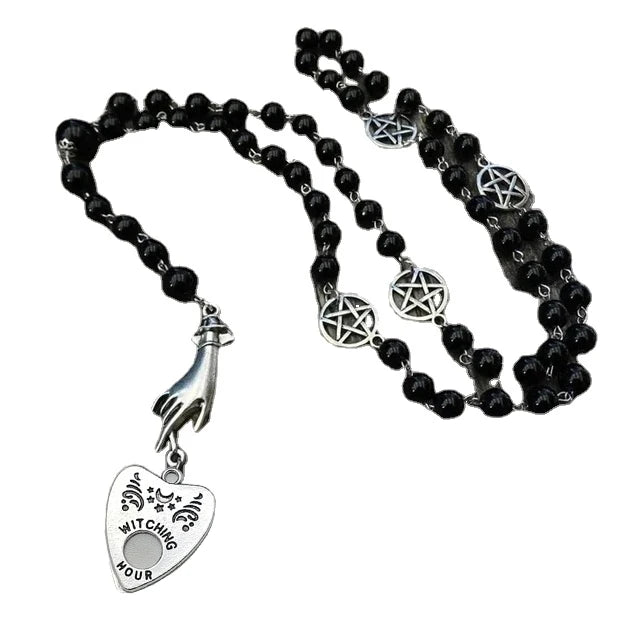 PERSONALISIERBAR Black Rosary with Ouija Planchette and Hand, Gothic Necklace, Black Magic, Occult Jewelry, Ghosts
