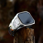Retro Flat Square Black Glass Onyx Ring For Men Classic Metal Designer Ring Jewelry Rock Hiphop Accessories Unisex Gift