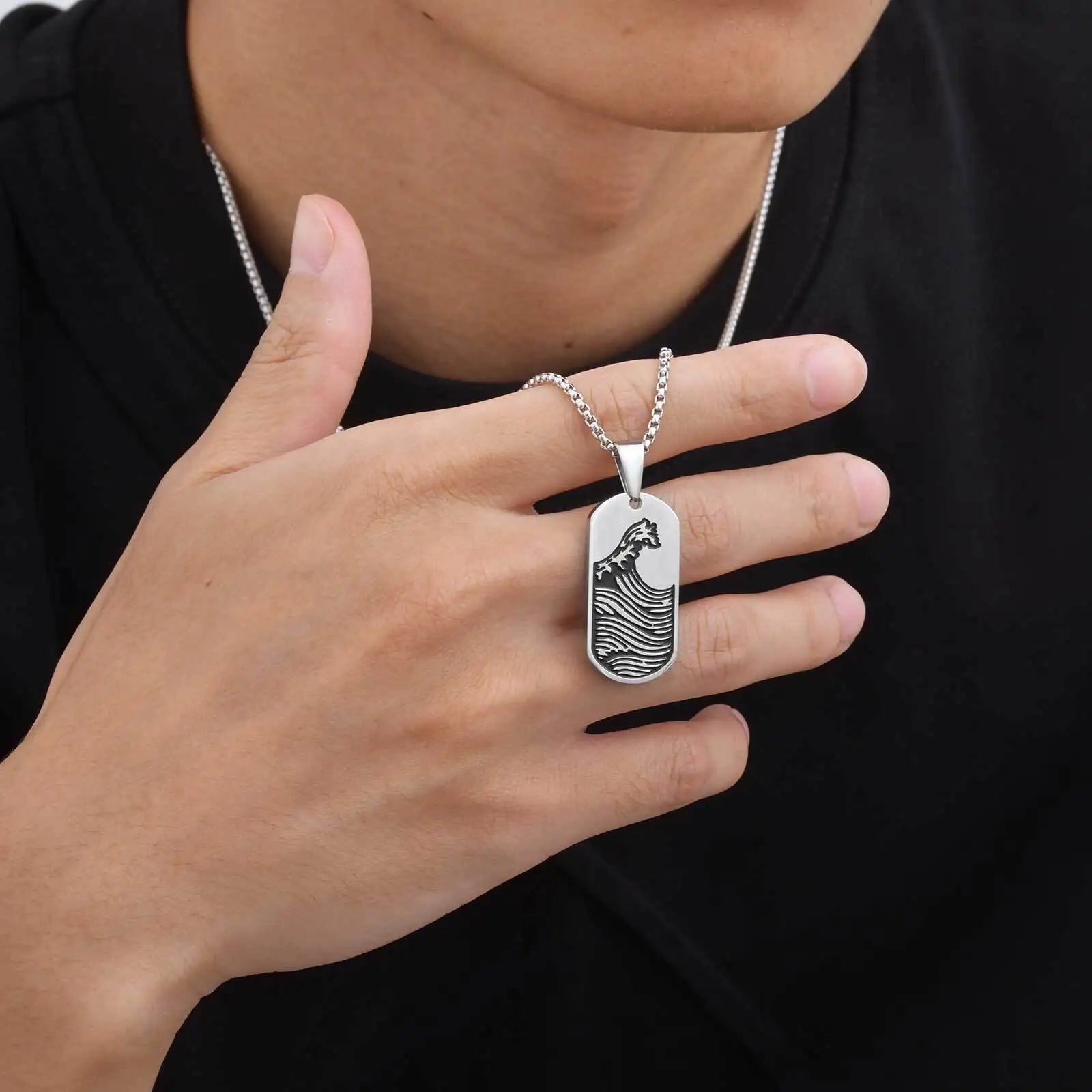 Punk Sea Wave Dog Tag Necklace for Men,Stainless Steel Black Oill Sailboat Military Pendant,Gift to Husband Son Dad