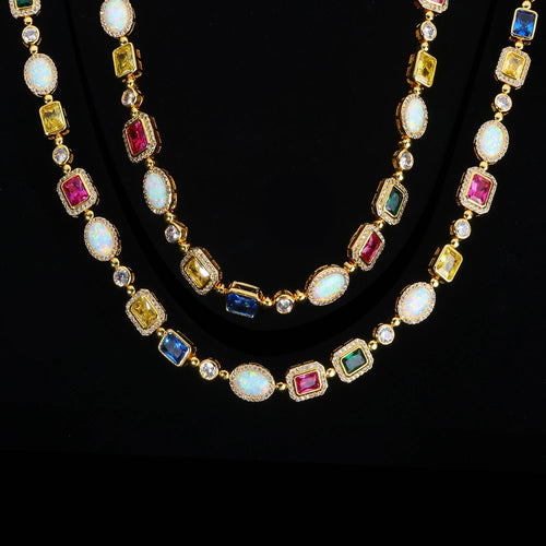 Cross Chain Necklace Iced Out Colorful Gemstone