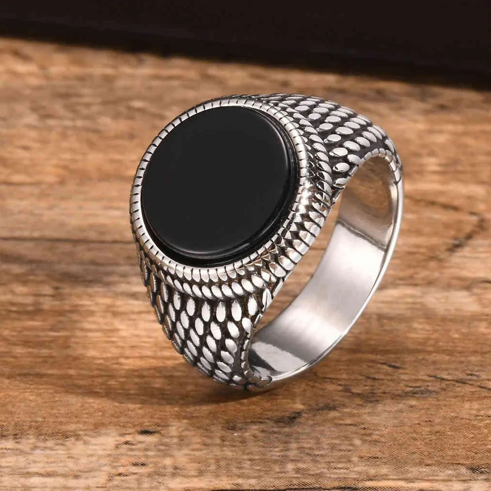 Vnox Dragon Scales Textured Signet Ring for Men,Round Tiger Eye Stone Top Finger Band,Black Gemstone Stainless Steel Stamp Ring