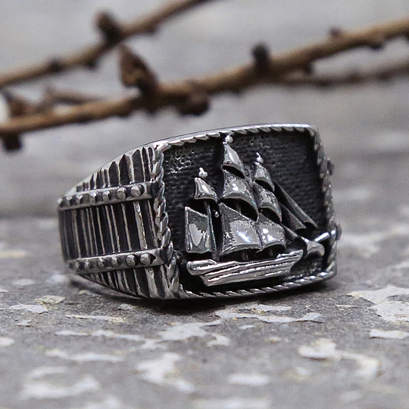 Vintage Pirate Sailboat Viking Ring Men's Stainless Steel Biker Ring Cool Male Gothic Sailor Lucky Amulet Jewelry Wholesale