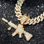 Men Women 14MM Cuban Chain AK47 Gun Pendant Necklace Iced Out AAA Rhinestone Prong Miami Cuban Link Chain Hip Hop