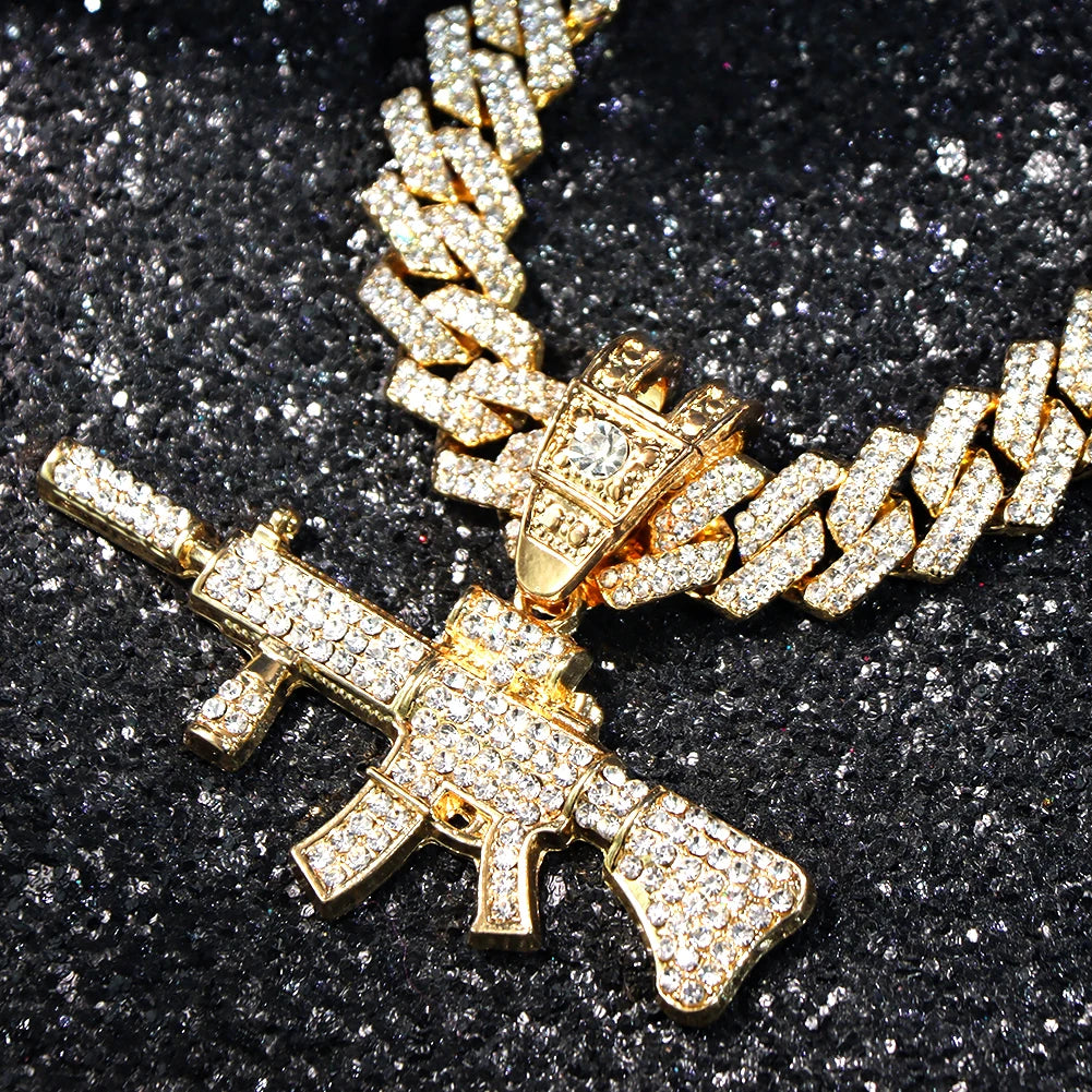 Men Women 14MM Cuban Chain AK47 Gun Pendant Necklace Iced Out AAA Rhinestone Prong Miami Cuban Link Chain Hip Hop