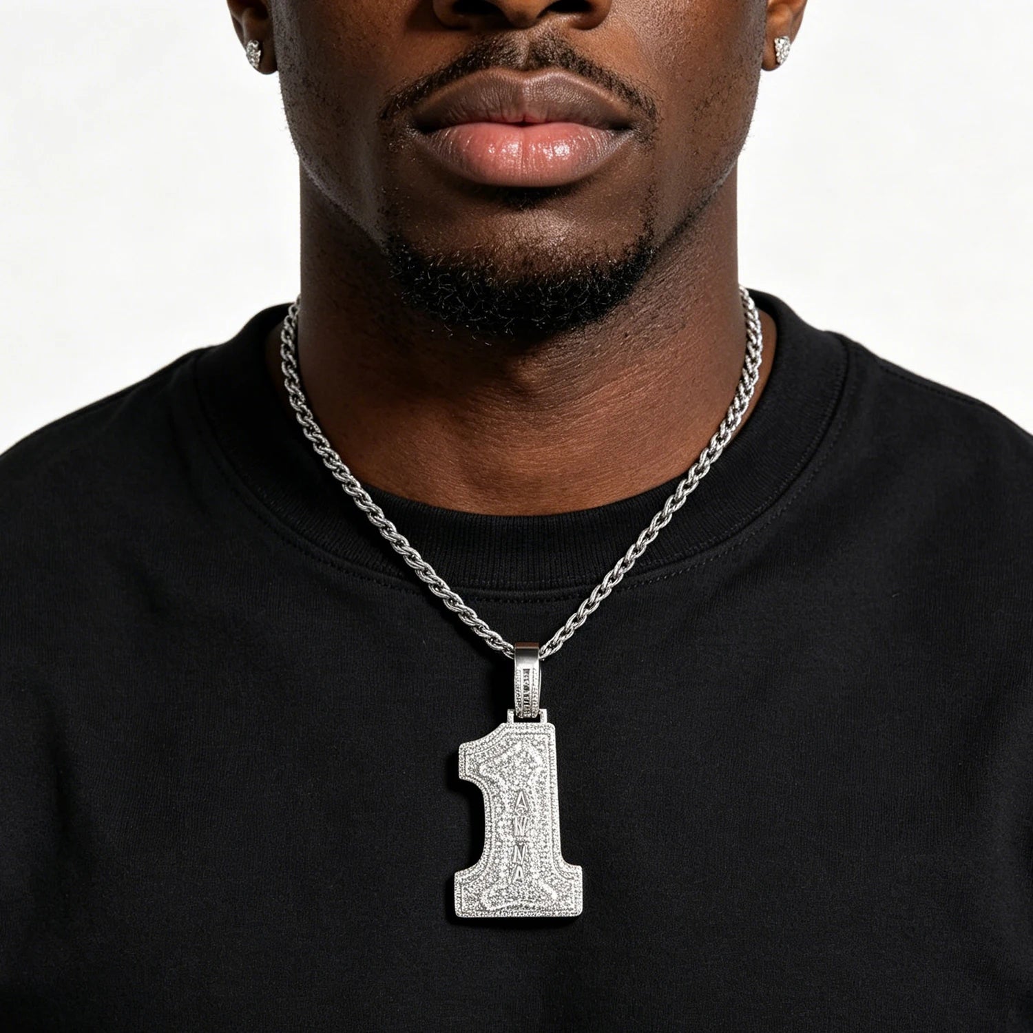 Uwin Big Size Number 1 Pendant Custom Vertical Small Stainless Steel Letters Pendant Micro Paved Out CZ Necklace Hiphop Jewelry