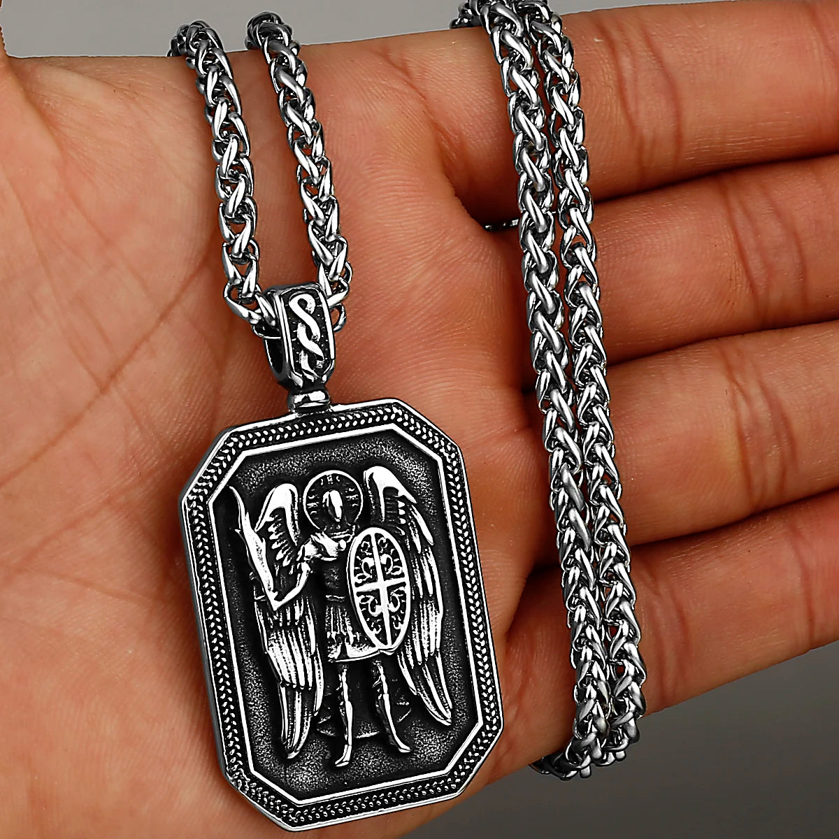 Archangel Michael Cross Shield Prayer Tag Titanium Stainless Steel Pendant Men's Amulet Necklace Jewelry Gift