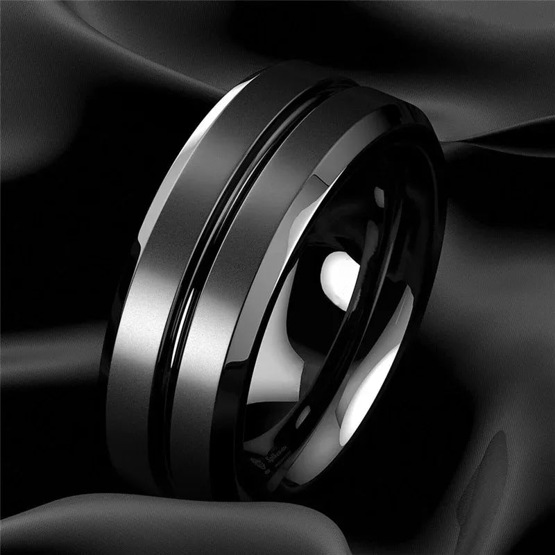 Fashion 8mm Men Rings Black Groove Matte Stainless Steel Rings For Men Wedding Engagement Jewelry Anniversary Birthday