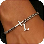 Men Cross Cuban Chain Bracelets for Men Initial A-Z Faith Cross Bracelets, Stainless Steel Initial Bracelet Religious