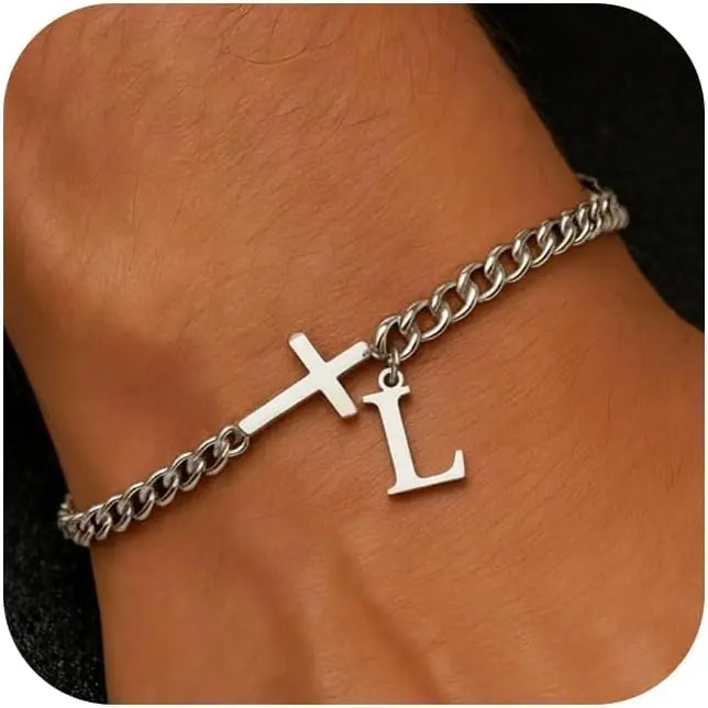 Men Cross Cuban Chain Bracelets for Men Initial A-Z Faith Cross Bracelets, Stainless Steel Initial Bracelet Religious