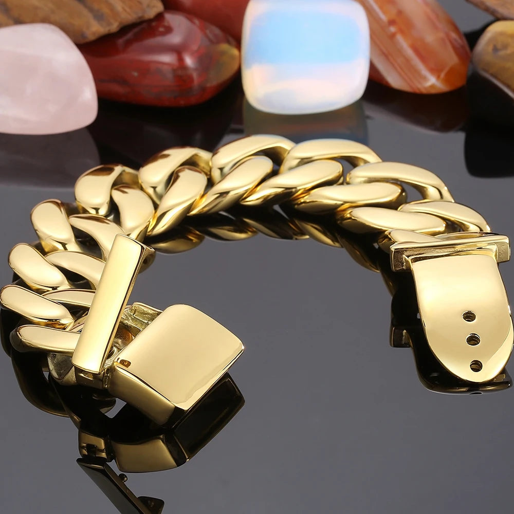Men Bracelet for Man In Brushed Stainless Steel Luxury Gold Color 25MM Curb Link Chain Men's Bracelets On Hand Bands