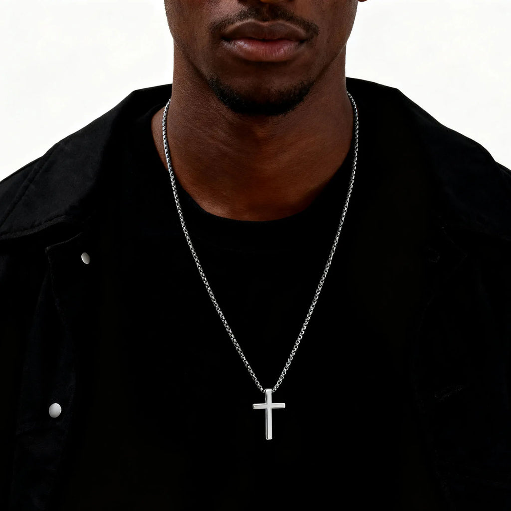 Stainless Steel Cross Necklace for Men Boys,Silver Color Plain Cross Pendant Collar,Hiphop Classic Punk Jewelry Gift