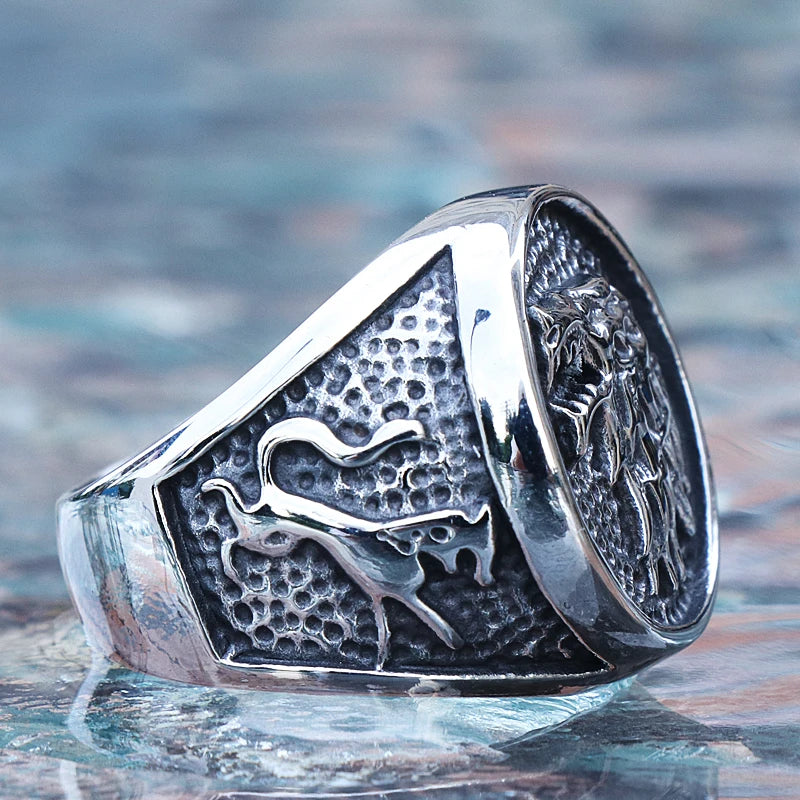 Retro Viking Stainless Steel Wolf Ring Men Biker Ice Wolf House Stark Winterfell Animal Ring Nordic Fashion Jewelry