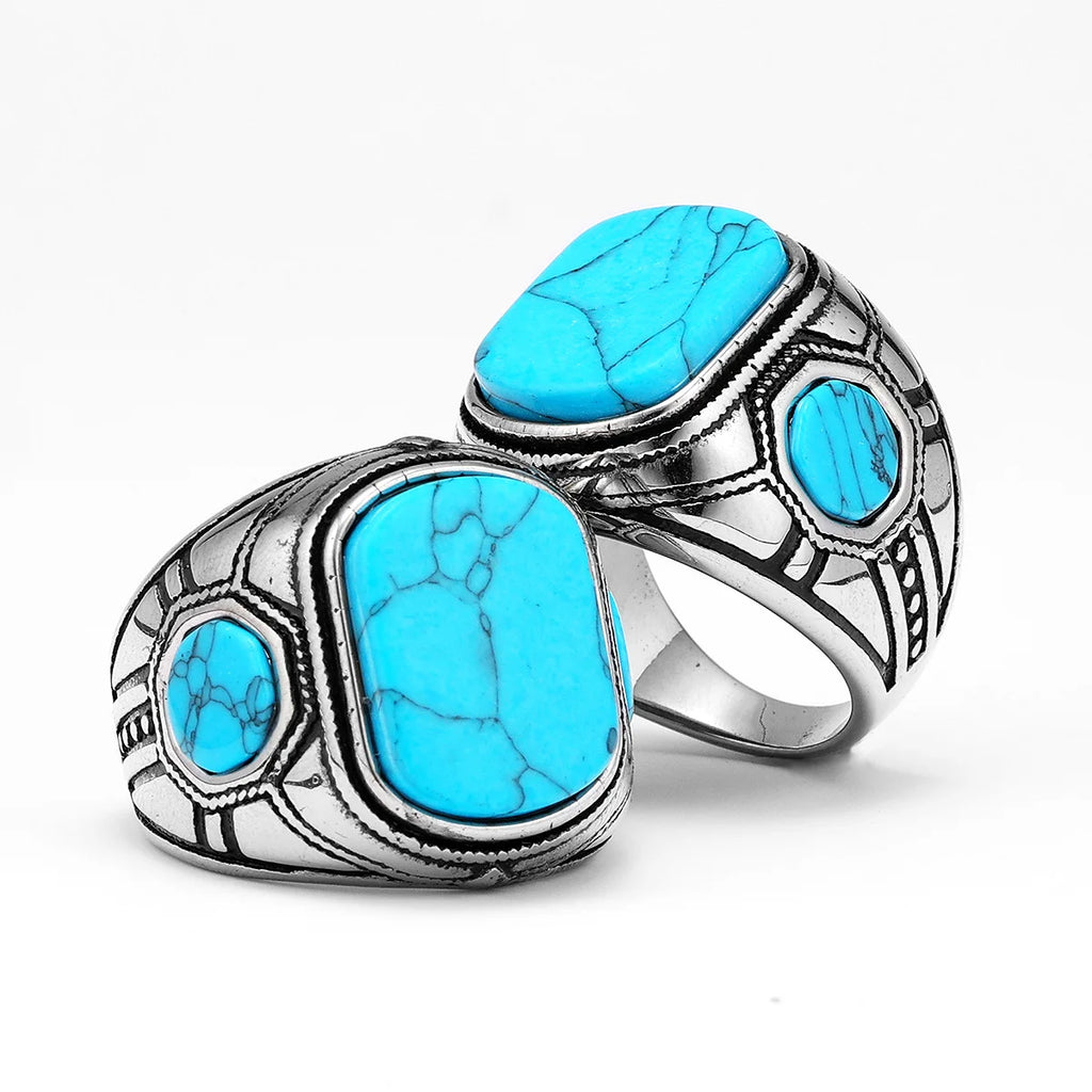 Turquoise Carved Ring — Stainless Steel