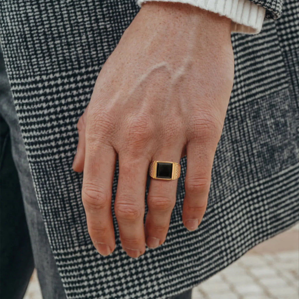 Black Stone Gold Signet Ring — Stainless Steel