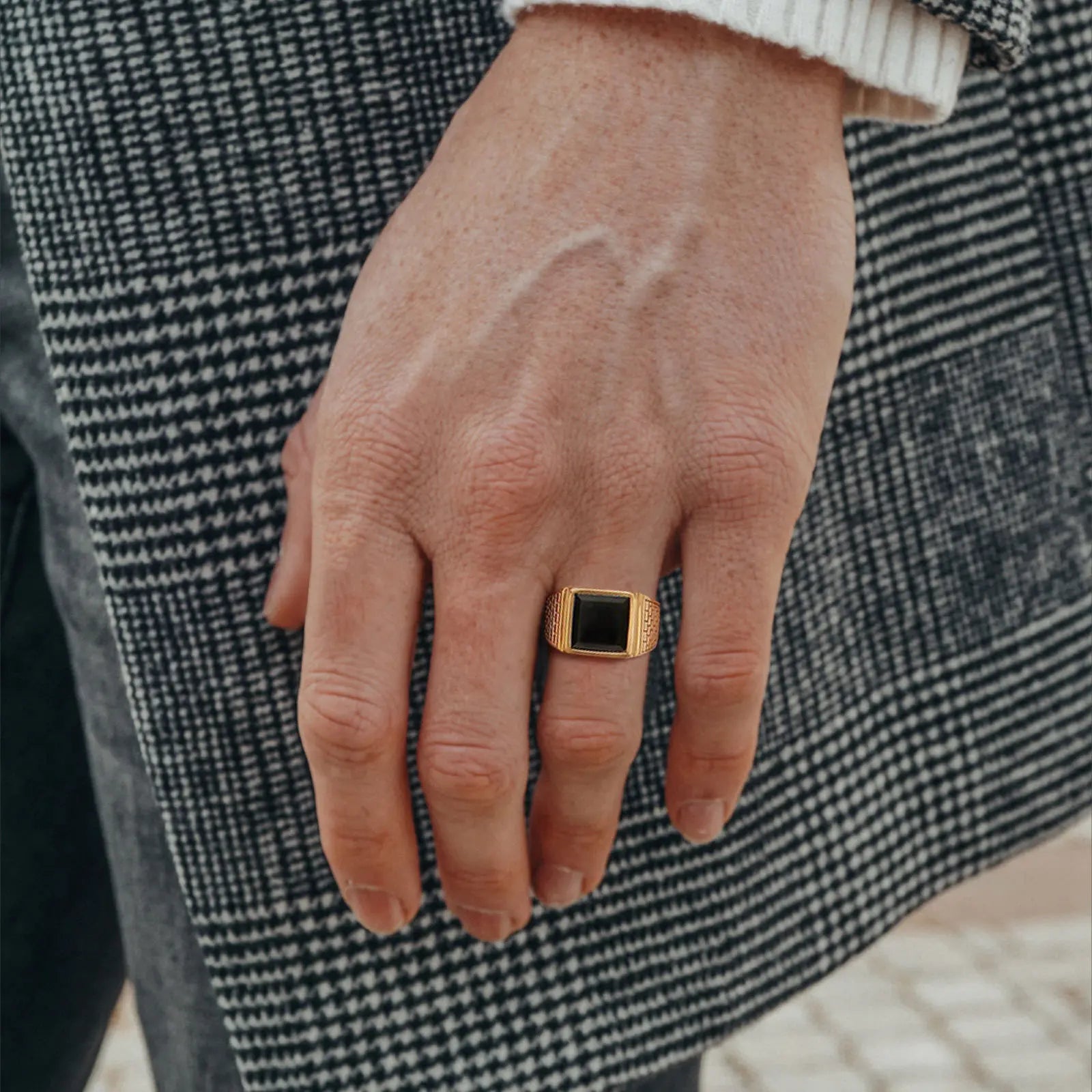 Black Stone Gold Signet Ring — Stainless Steel
