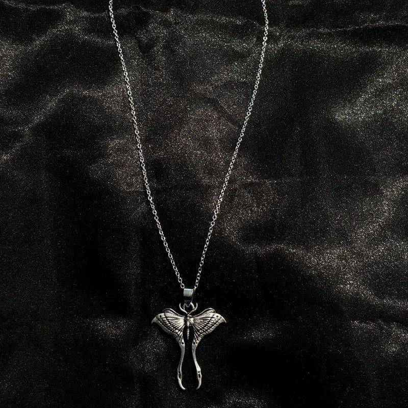 Gothic Punk Ancient Silver Moon Moth Pendant Necklace for Men Women Halloween Witch Daily Wear Alternative Jewelry Accessories