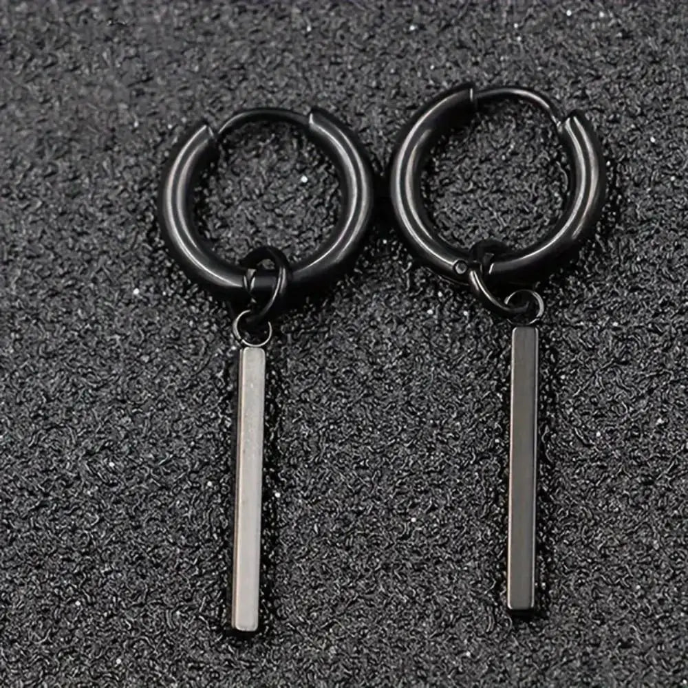 Square Strip Pendant Hoop Earrings Black Y2K — Stainless Steel