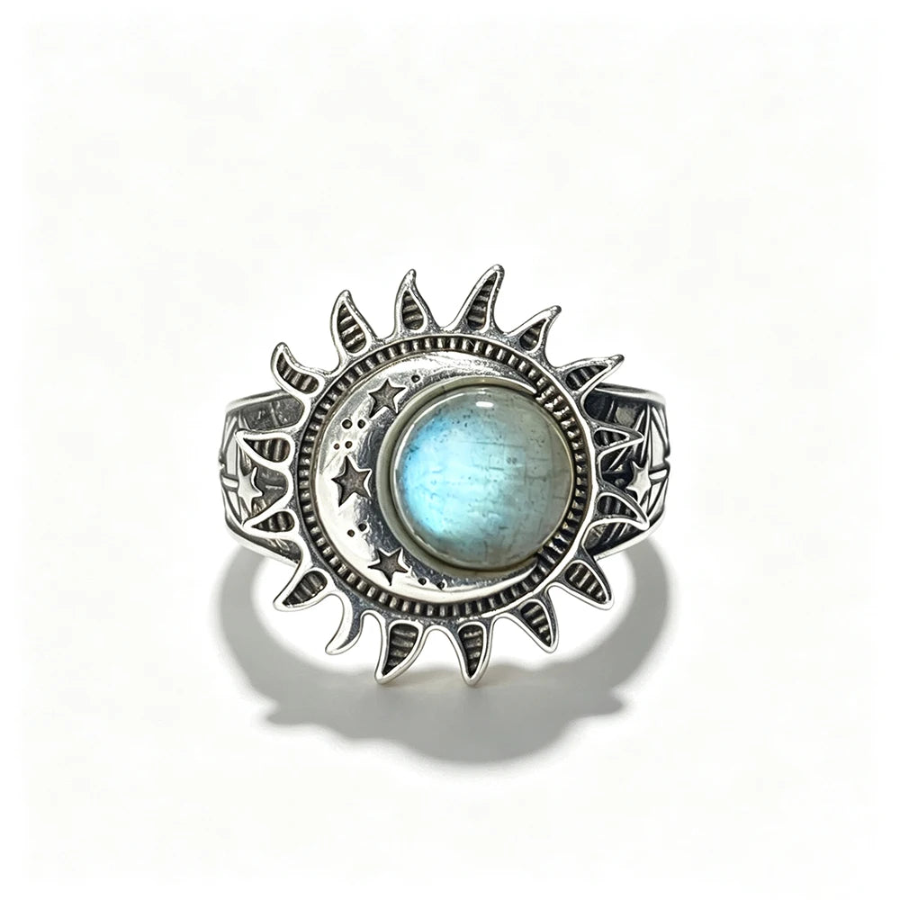 Sun Star Moon Cabochon Ring — Silver-Tone Bohemian