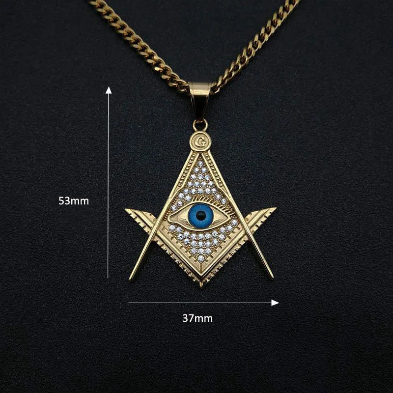 Hip Hop Rock Bling Gold Color Stainless Steel Illuminati Eye Freemason Masonic AG Pendants Necklaces for Men Jewelry