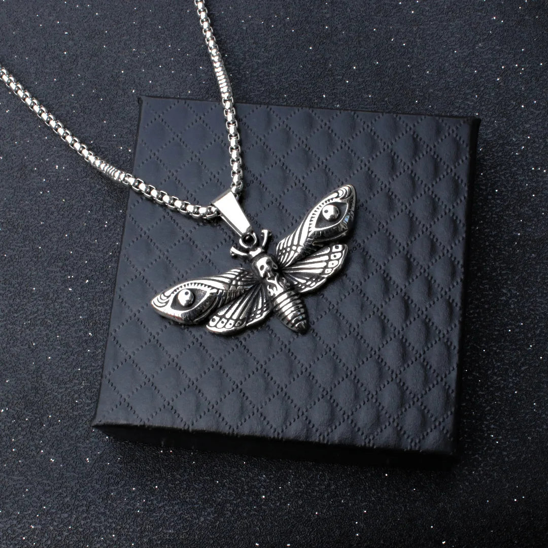 Stainless Steel Vintage Moth Pendant Necklace