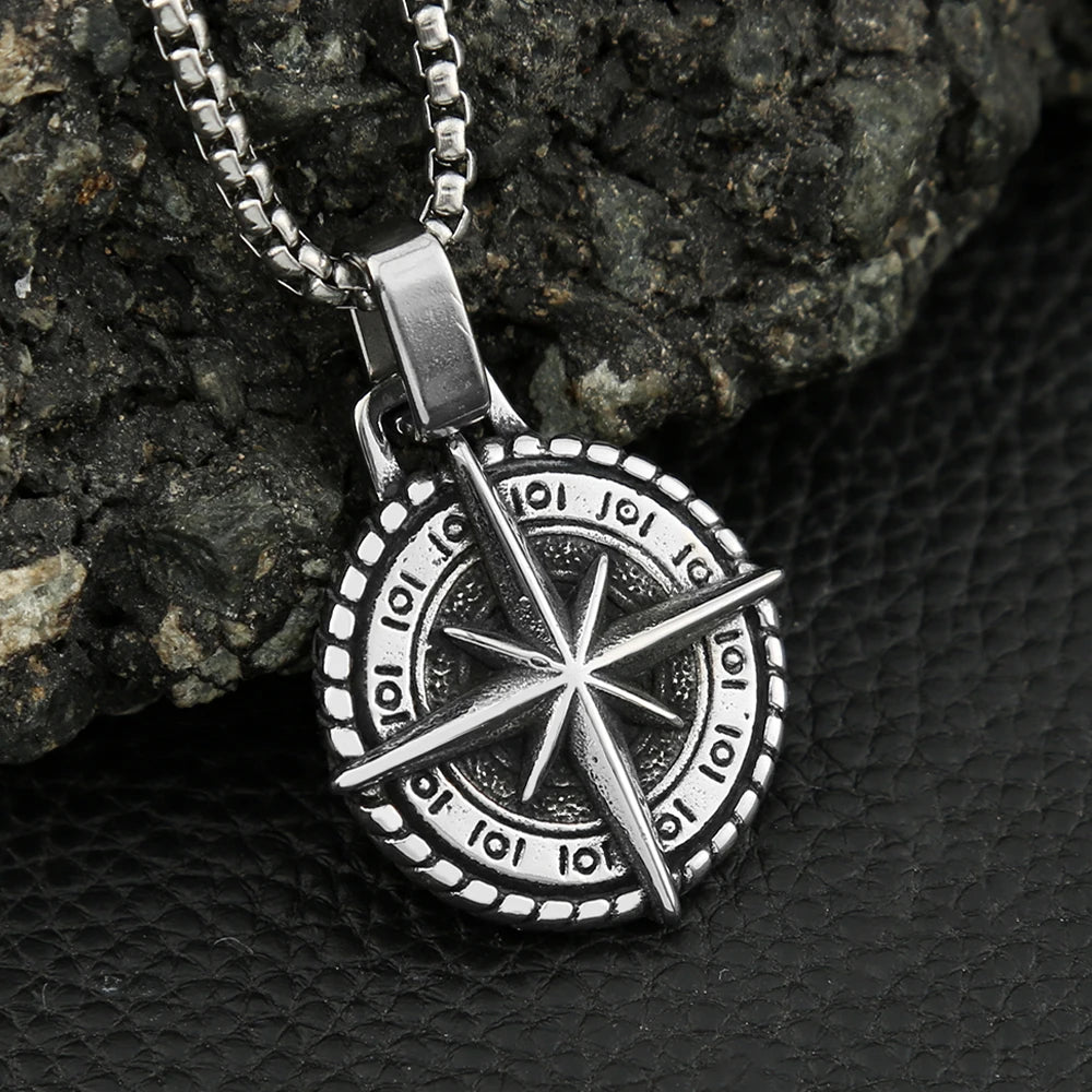 Viking Compass Stainless Steel Pendant Necklace