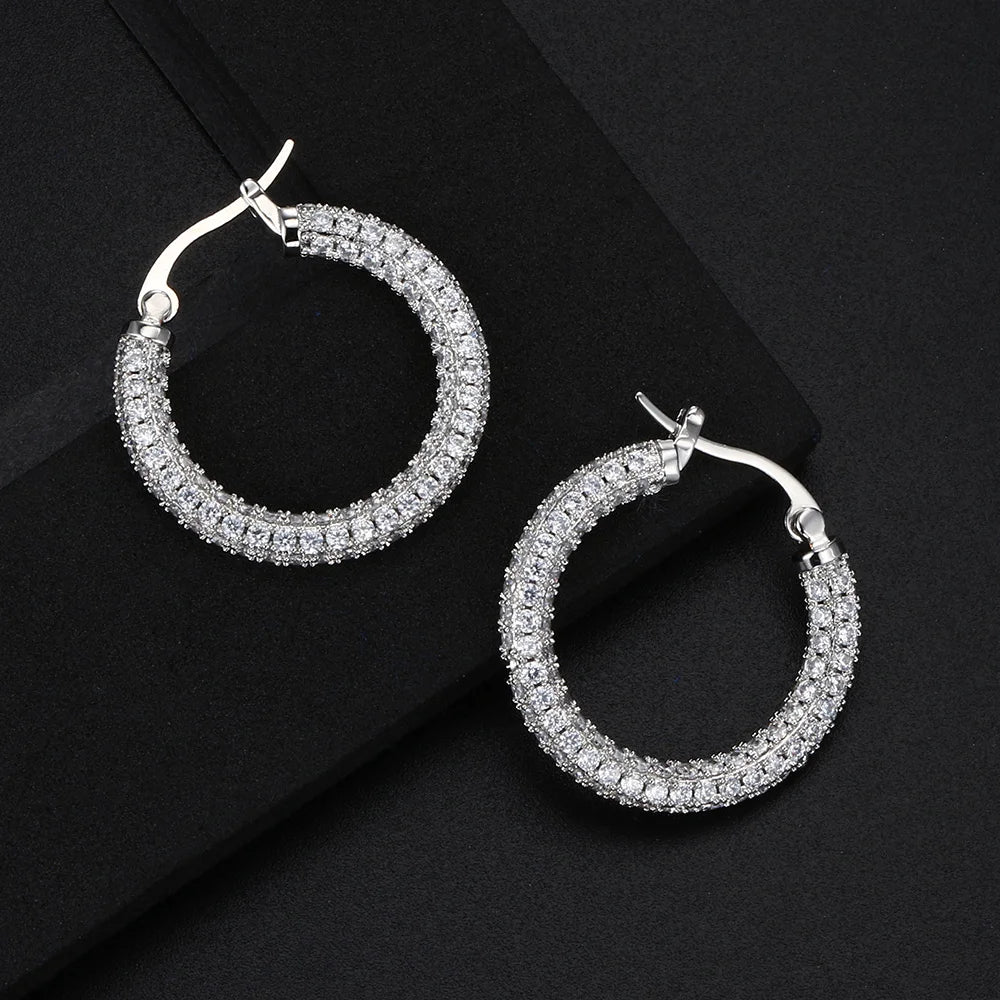Two-Tone Iced Out Hoop Earrings CZ Silver Gold