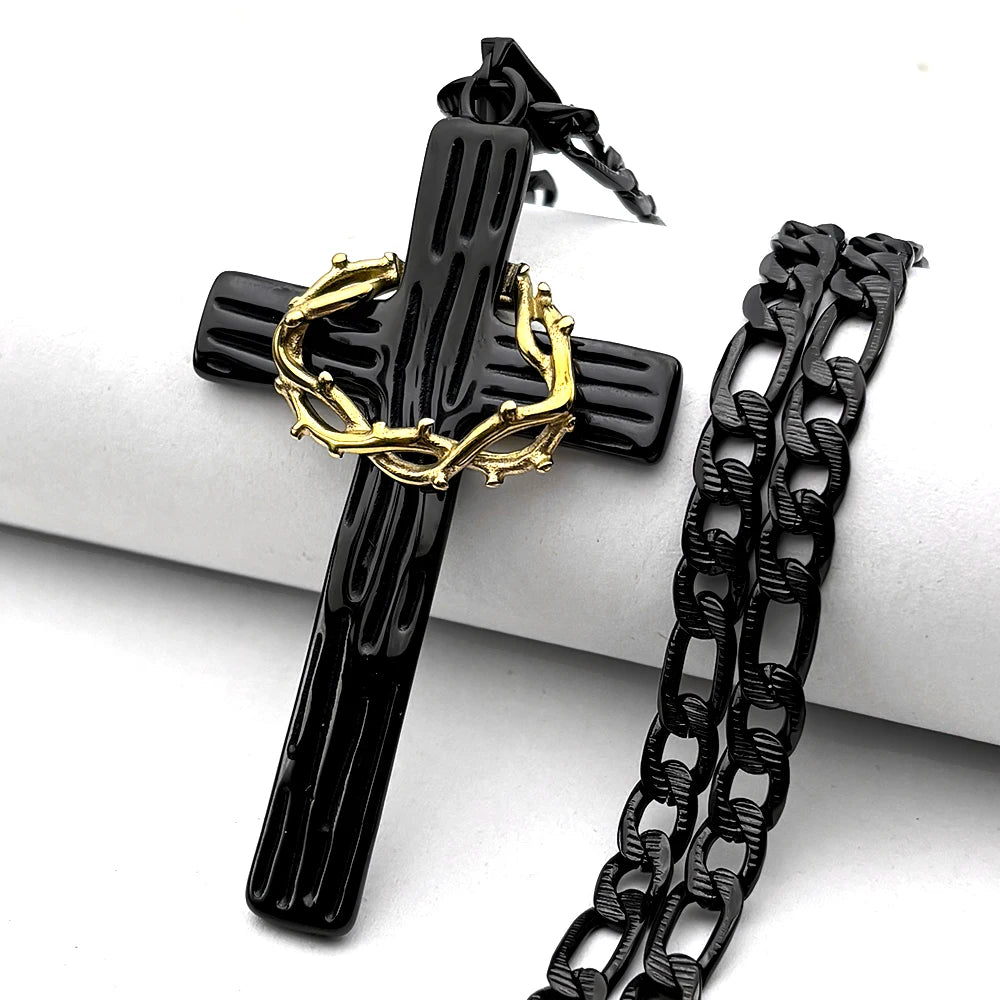 Hip Hop Two-Tone Crown of Thorns Jesus Cross Pendant Necklace for Men Stainless Steel Gold Silver Color Crucifix Chain Jewelry