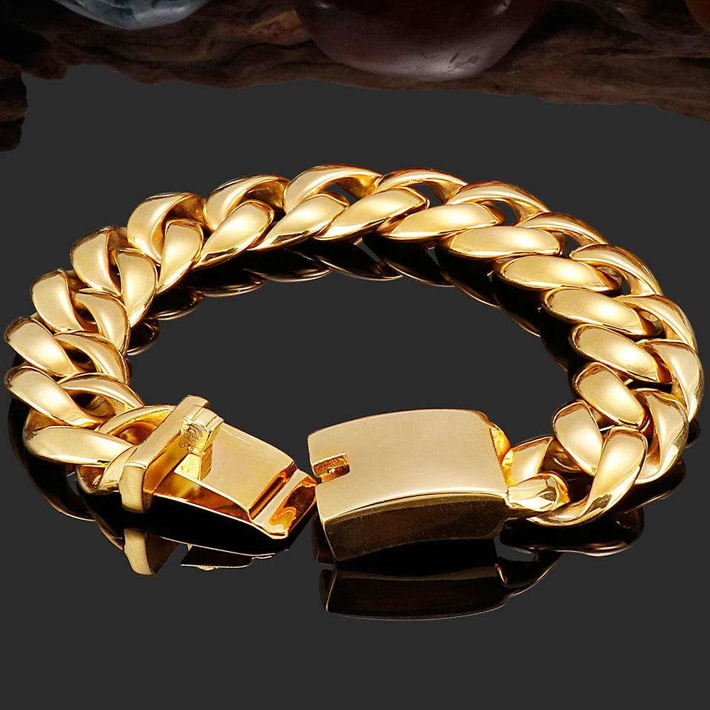 17MM Thick 316L Stainless Steel Cuban Link Chain Waterproof Gold Color Men's Bracelets Minimalist Retro Male Jewelry