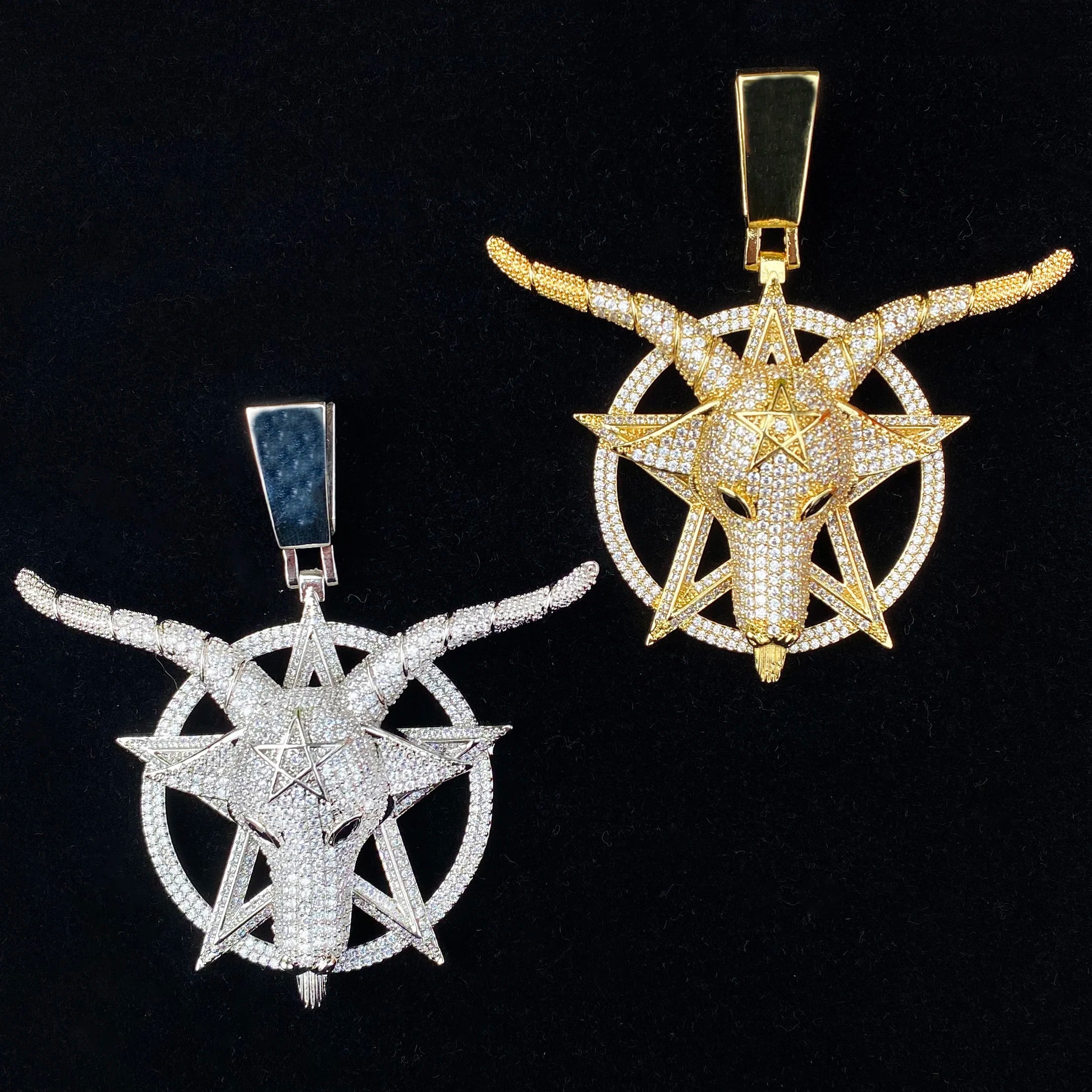 Aokaishen Iced Out Goat Star Circle Necklace Pendant for Men Real Gold Plated Cubic Zirconia Hip Hop Jewelry