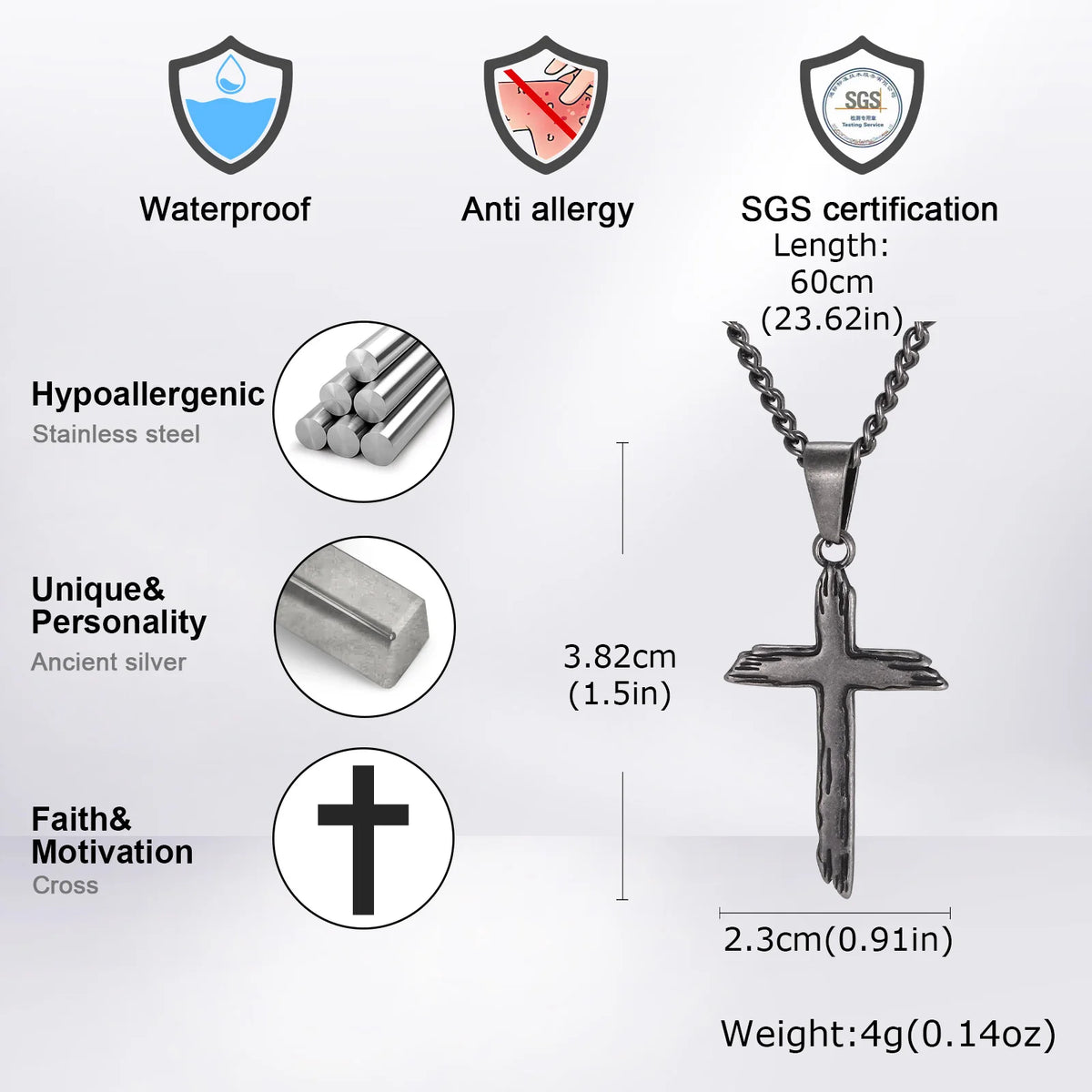 Wood Textured Cross Necklace for Men — Stainless Steel Chain