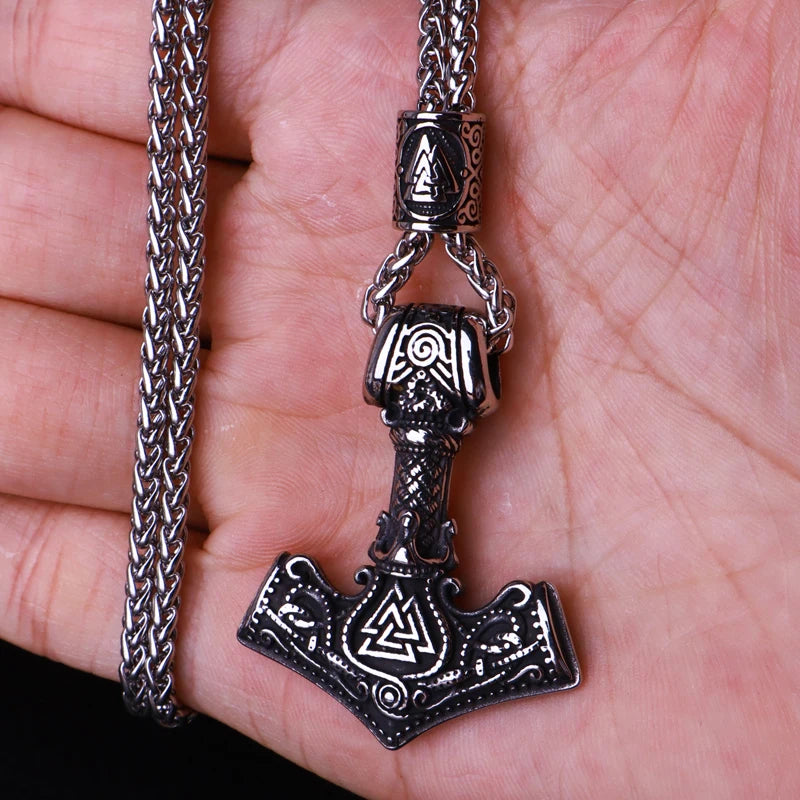 Multi Style Beaded Viking Thor's Hammer Pendant Necklace Stainless Steel Necklace Men Biker Mjolnir Amulet Jewelry