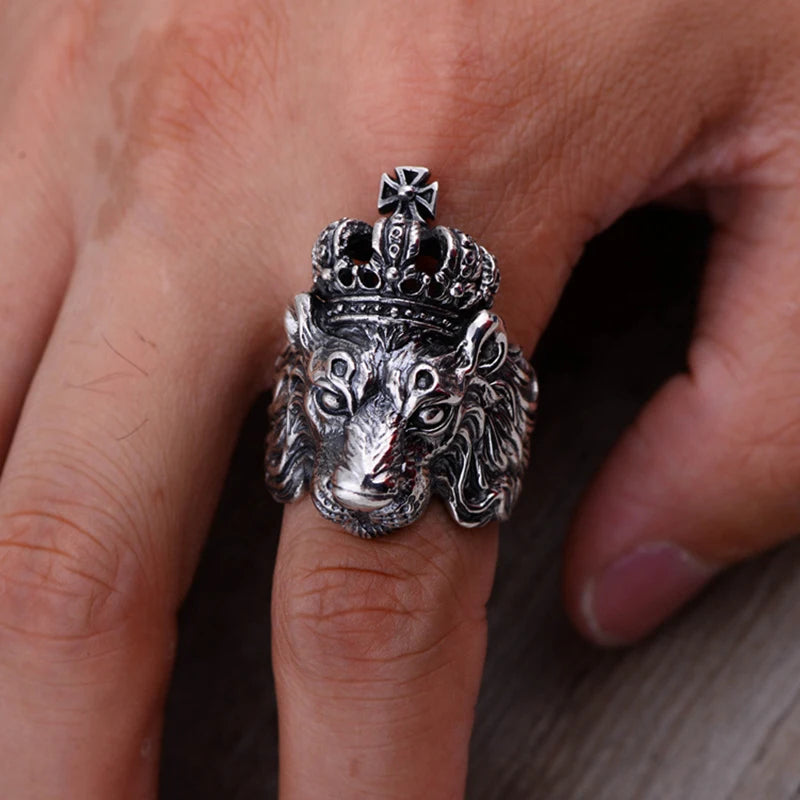 Retro Lion Crown Ring For Men Silver Color Punk Gothic Adjustable Ring Rock Hiphop Biker Jewelry Accessories Man Gift