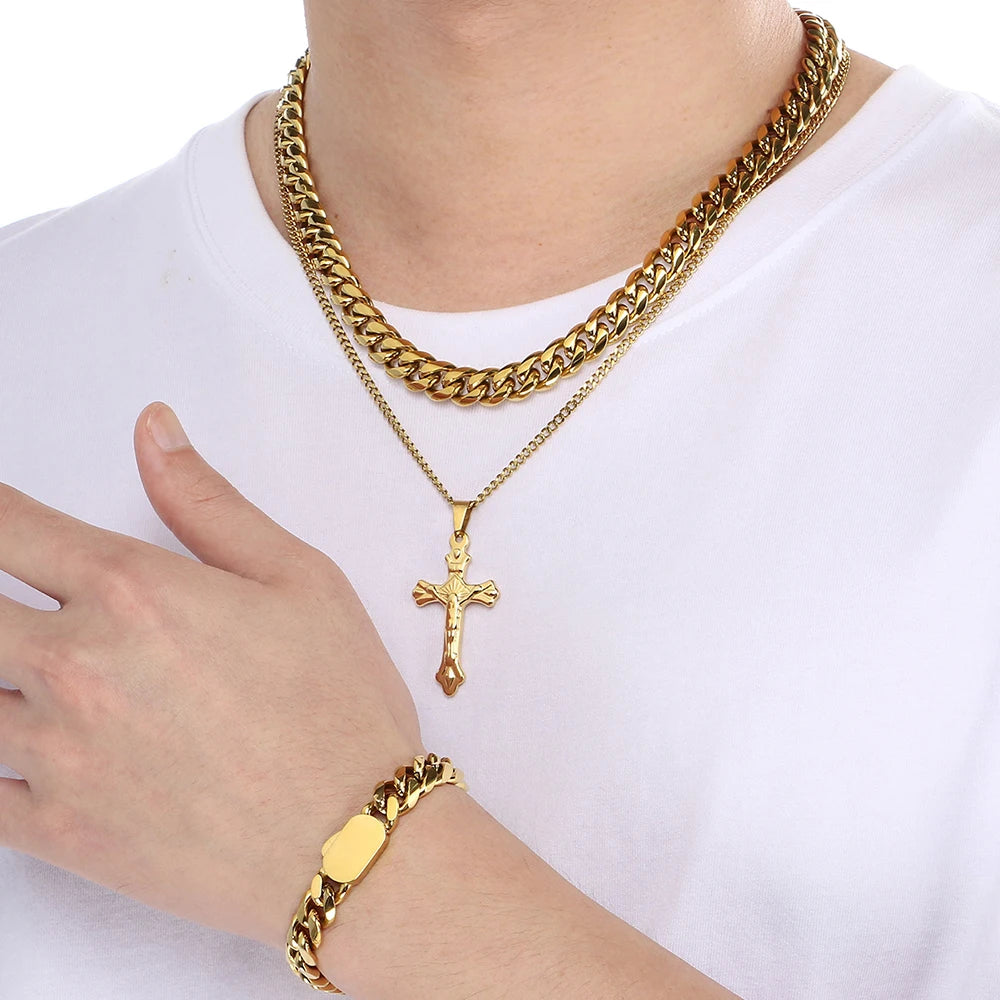 Men's Double Layer Cross Pendant Necklace for Men Gold Color Stainless Steel Cuban Link Chain Necklaces Bracelets