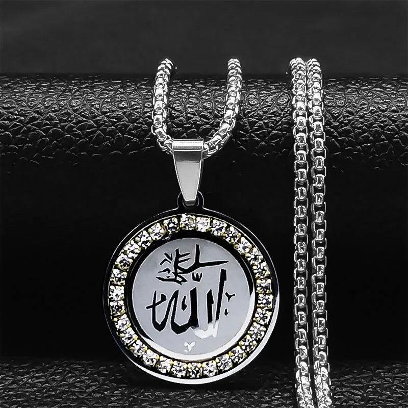 Muslim Islamic Religious Stainless Steel Crystal Necklace Women Islam Quran Allah Pendant Necklaces Arabic Jewelry