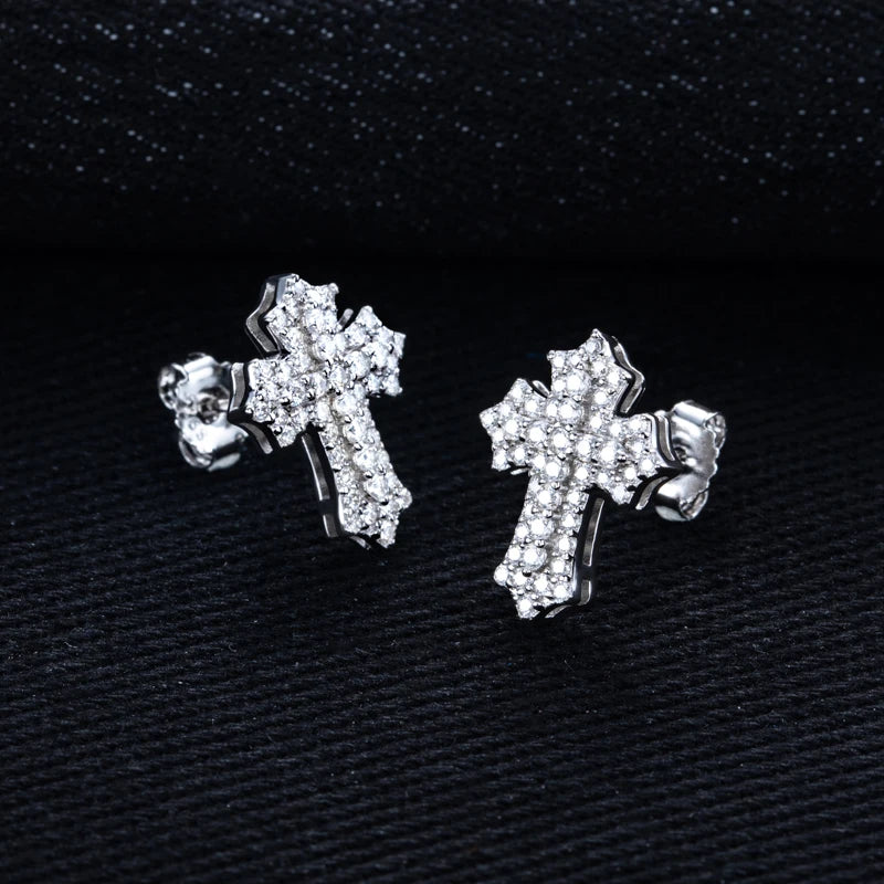 Iced Out Cross Stud Earrings — 925 Silver