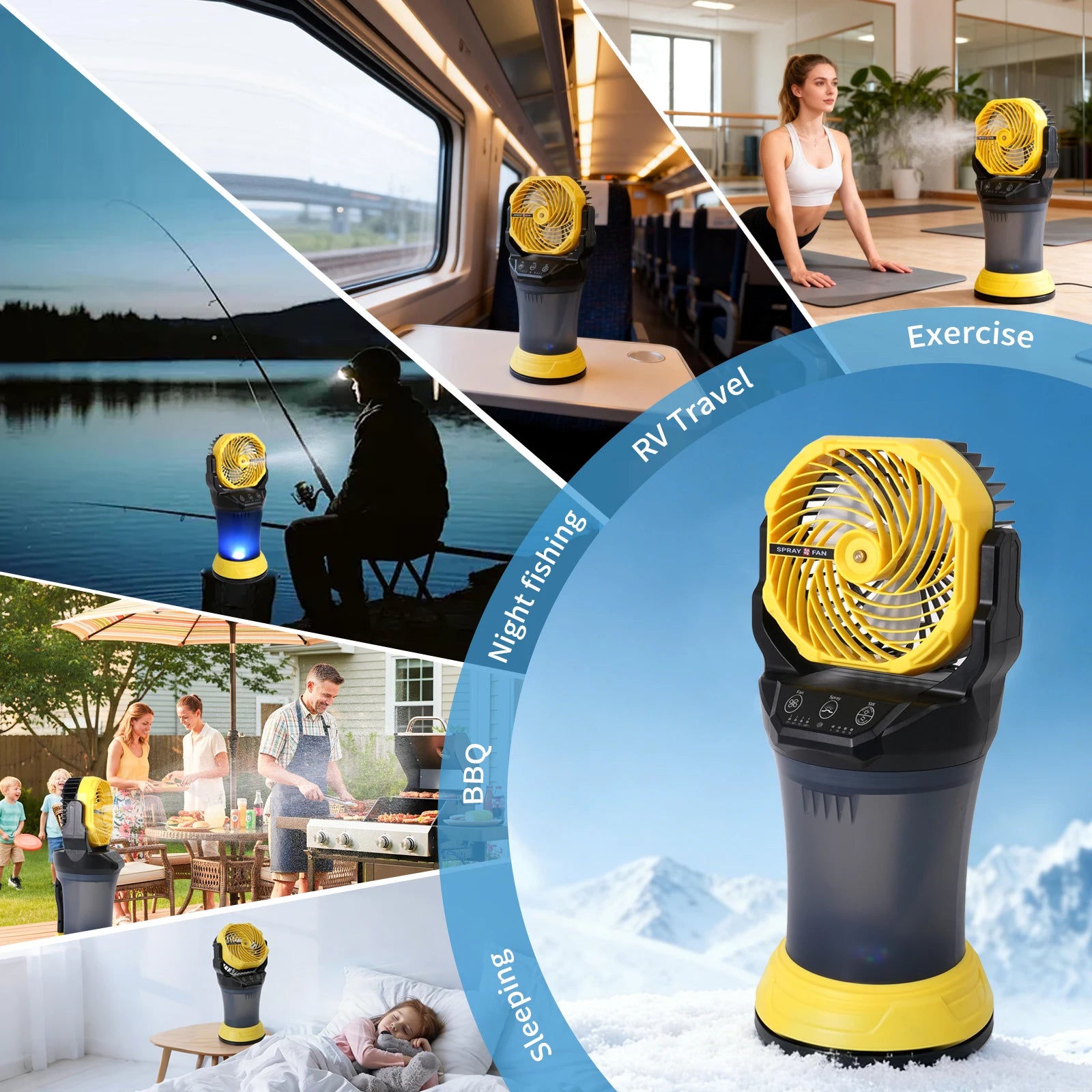 Outdoor Spray Fan 2000ml 15000mAh, 4 Speeds, Nano Mist, RGB Light, 90° Oscillation, Yellow