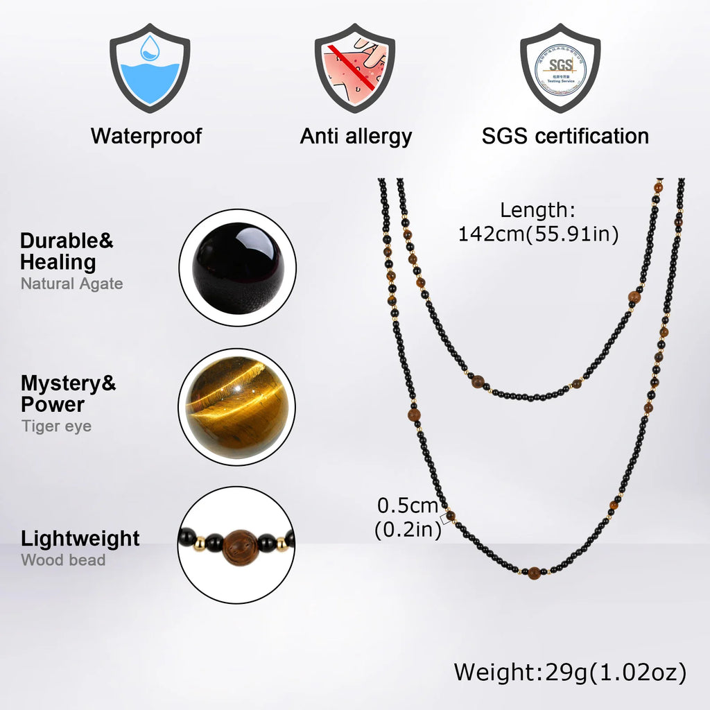 Black Agate Natural Stone Tiger Eye Beads Chain Necklace for Men, Retro Long Sweater Chain Necklace, Fashion Boho