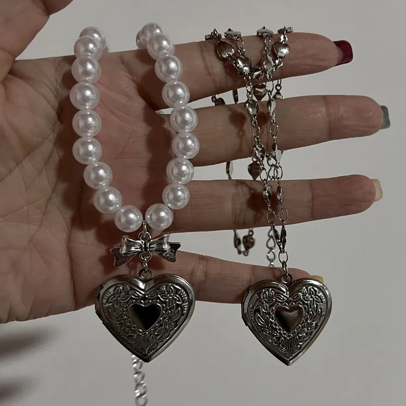 Heart Locket Layered Beaded Chain Necklace Fairy core coquette rosary Fairy Casual Cottage 00s Handmade