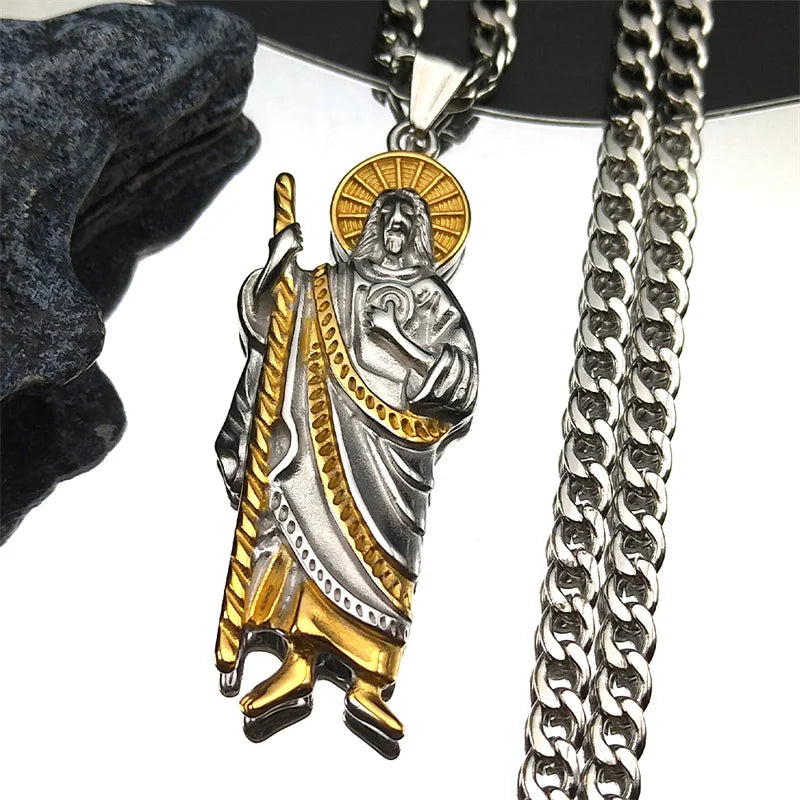 San Judas Tadeo Pendant Necklace for Men Women Stainless Steel Gold Silver Color Saint Jude Thaddeus Chain Amulet